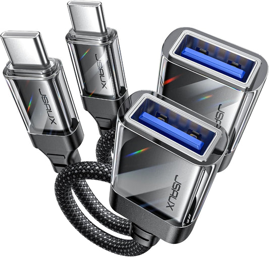 JSAUX USB to USB C Adapter [2 Pack], USBC OTG Compatible with MacBook Pro/Air, iPhone 15 Pro Max, Samsung Galaxy S24/S23/S22/S21 and More USB C Devices-Crystal Black