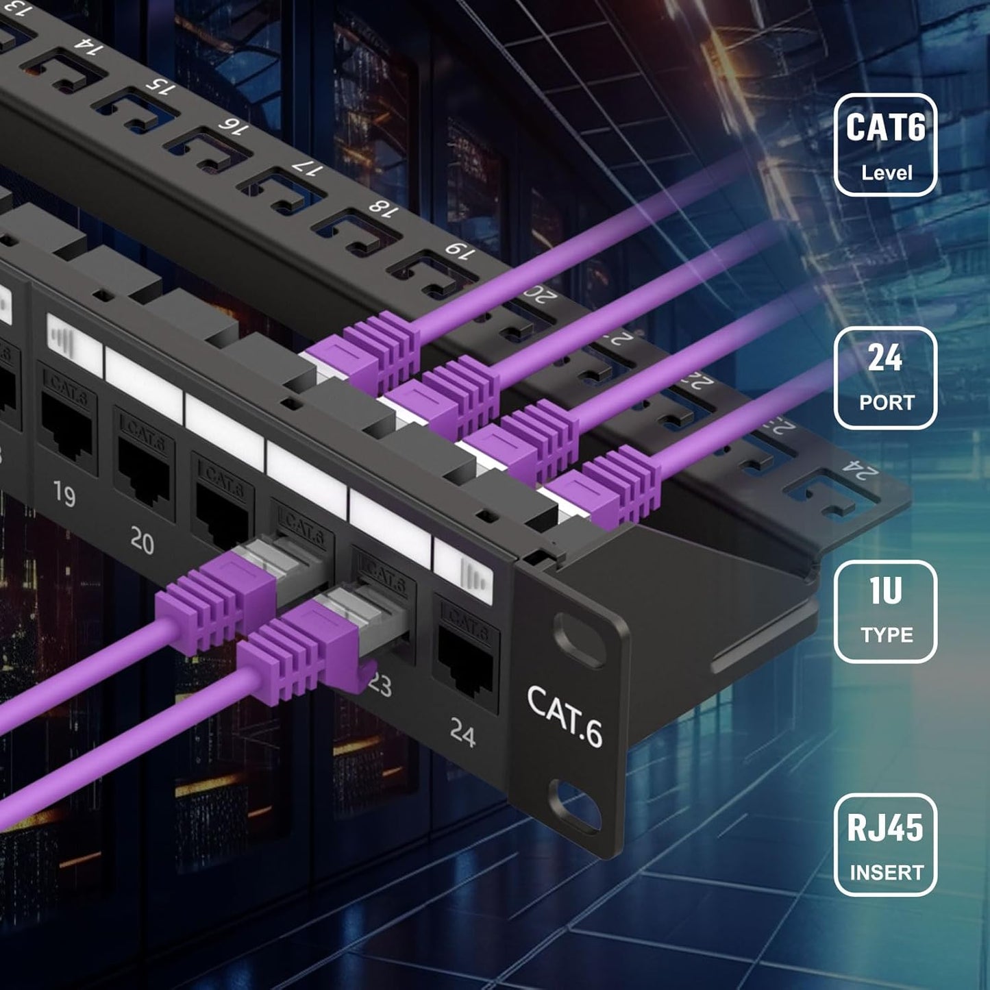 FGB 10Gbps Patch Panel 24 Port, Cat6 Keystone Patch Panel, 19" Rackmount or Wall Mount, 1U with Back Bar, Network Patch Panel for Gigabit Ethernet