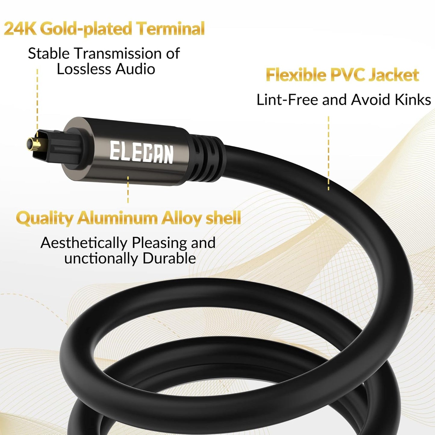 Elecan Optical Audio Cable 4 Ft/2 Pack Digital Audio Toslink Cable Cord-Fiber Optic-Gold Plated-Flexiable&Durable-for Home Theater,Sound Bar,PS4& Xbox-with Right Angled+Mini Toslink Adapters+Ties