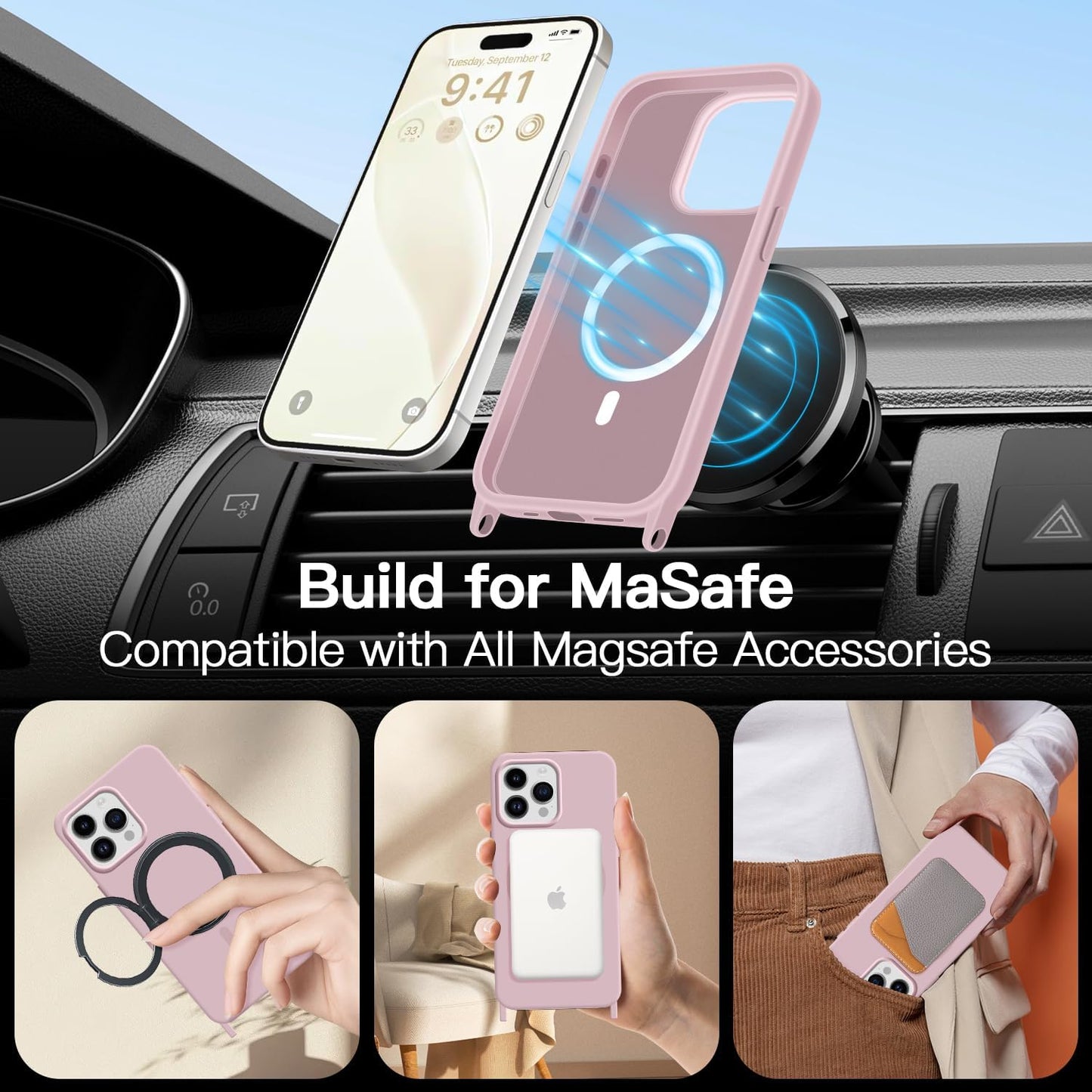 for iPhone 15 Pro Max Case with Lanyard [Compatible with MagSafe], Crossbody Phone Case with Neck Strap Adjustable, Magnetic Phone Cover for iPhone 15 Pro Max 6.7'' Pink