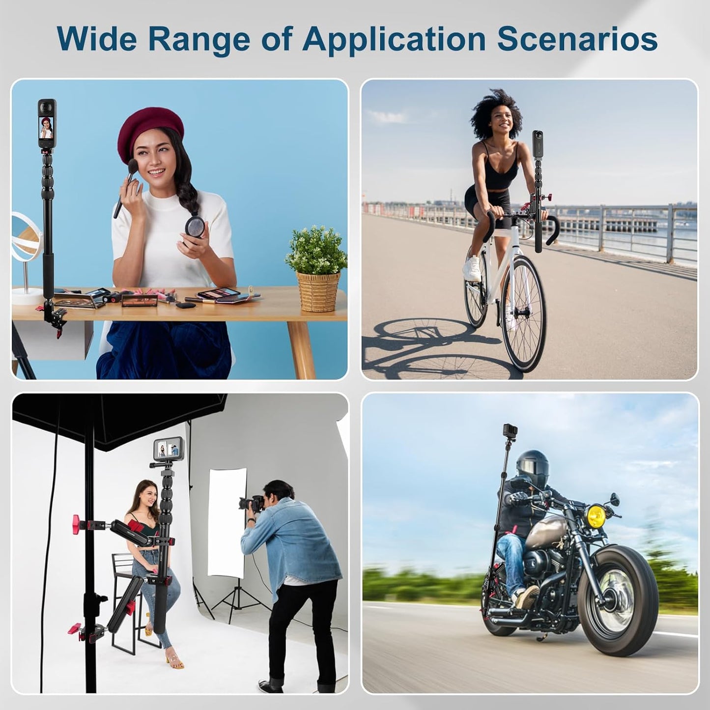 Motorcycle Mount kit for Insta36O X5 X4, Bike Handlebar Clamp Mount and 59" Invisible Selfie Stick Bundle Kit, Heavy-Duty Super Clamp Camera Ebike ATV Mount for G02/3 /3S/Ace, GoPr0 13,JC017