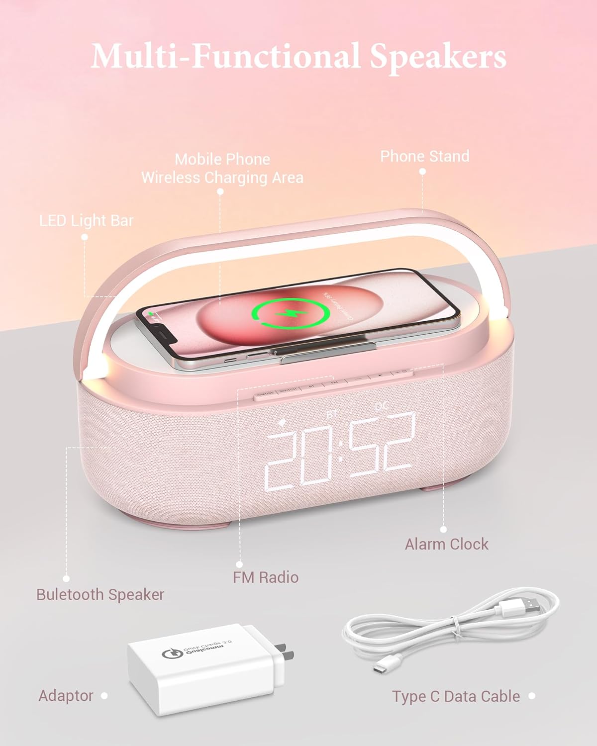 COLSUR Bluetooth Speaker with Wireless Charger, FM Radio, Dimmable LED Night Light, Dual Wireless Speakers, 2500mAh Portable Speaker for Home Decoration, Bedroom, Office, Gift