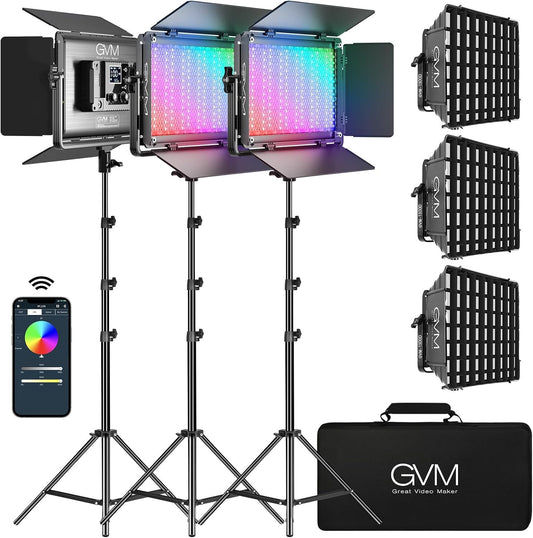 GVM 65W RGB Video Light with Softbox, 1300D LED Video Lighting Kit, 25000lux/0.5m, 360° Full Color Photography Lighting Kit, 3 Packs Led Panel Light for YouTube, Web Conference, Streaming