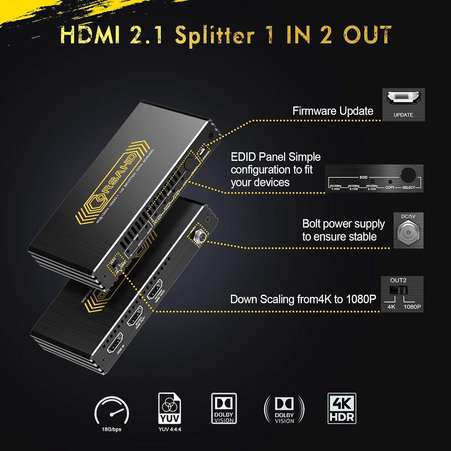 8K@60Hz 4K@120Hz HDMI 2.1 Splitter 1 in 2 Out,48 Gbps,HDCP 2.3,Supports VRR,ALLM,HDCP Bypass,EDID,Duplicate/Mirror/Copy,Downscale,HDR,Dolby Vision Atmos,Soundbar