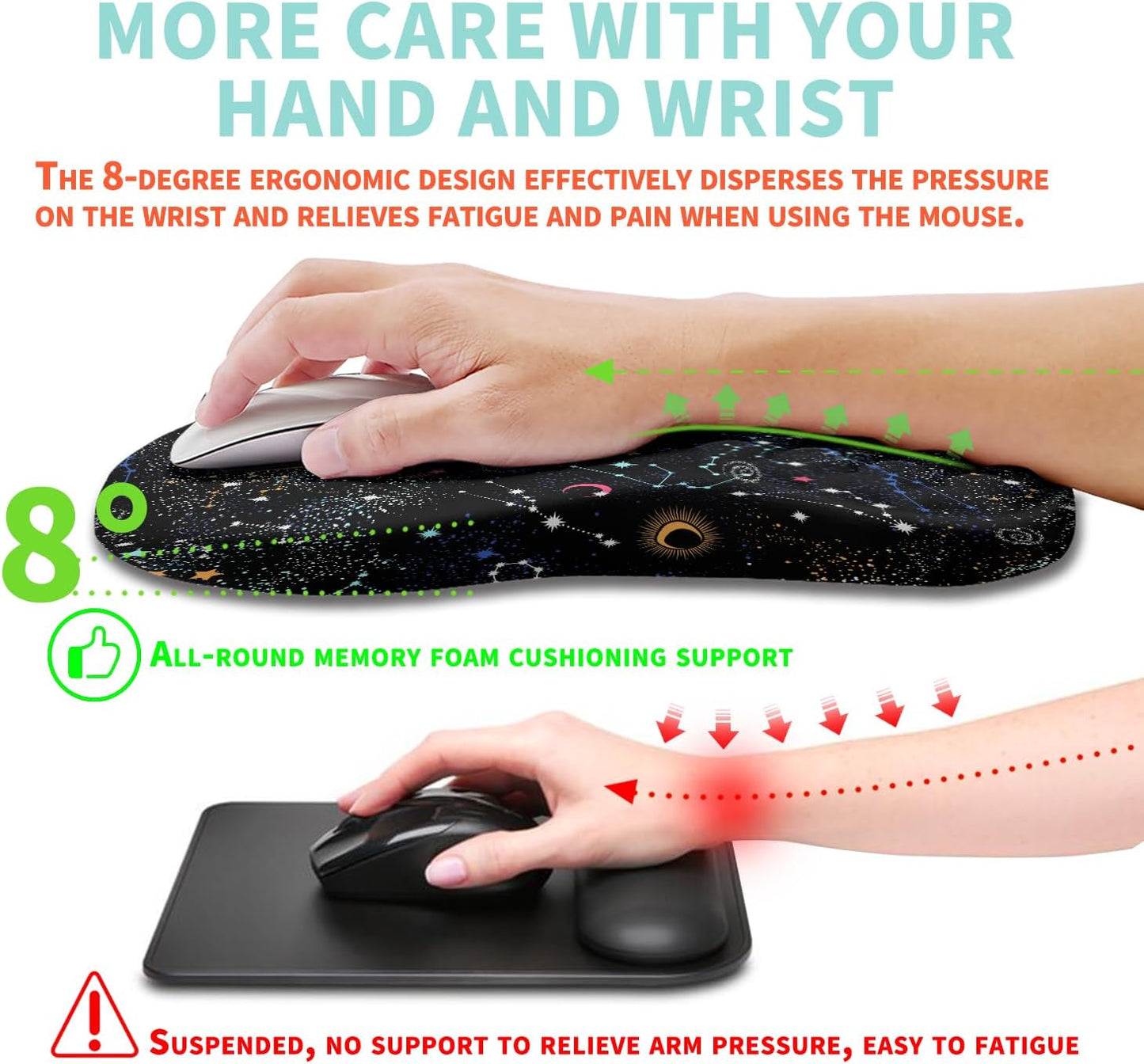 Ergonomic Mouse Pad Wrist Support with Memory Foam Massage Bulge, Carpal Tunnel Pain Relief Mousepad Wrist Rest for Mouse(12x8 inch, Galaxy)
