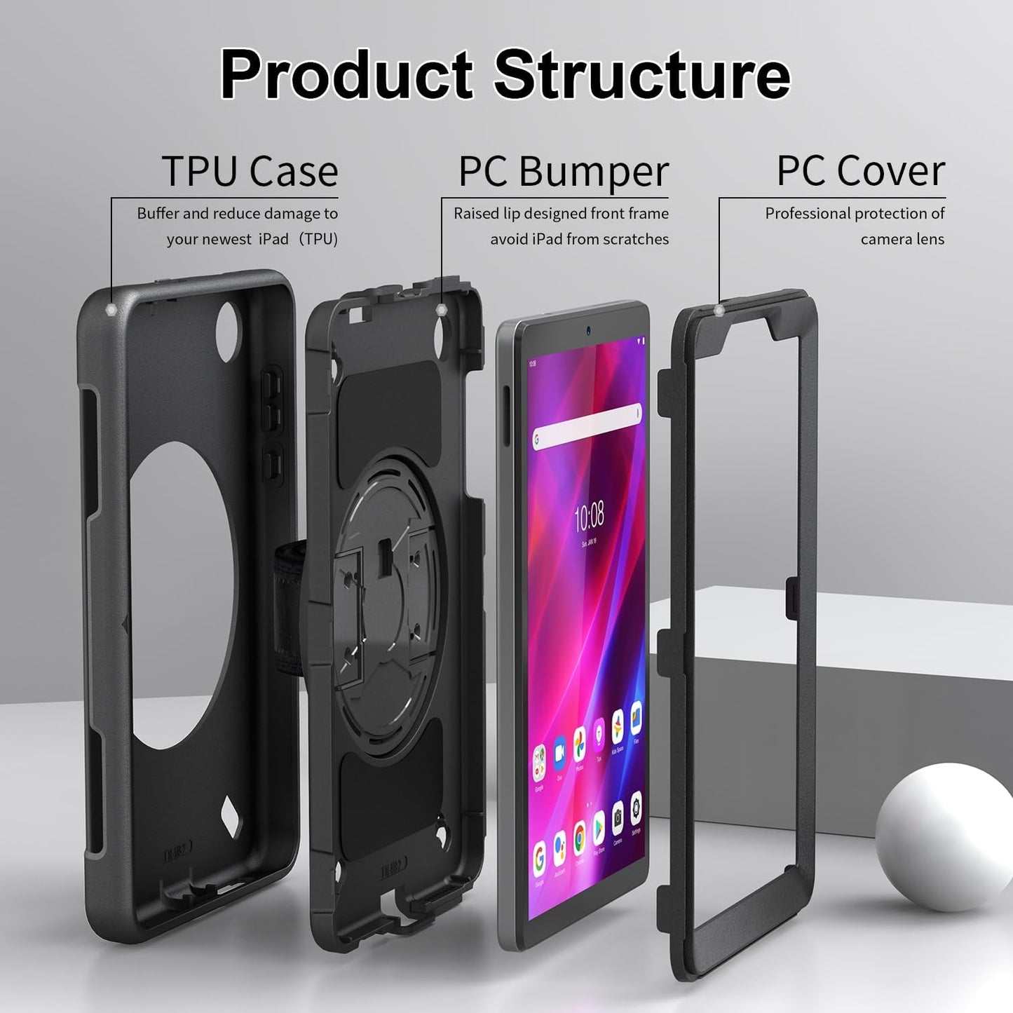 Junfire Shockproof Case for Lenovo Tab M8 4th Gen 2023, Heavy Duty Rugged Case with 360°Rotatable Kickstand/Hand Strap/Stylus Holder for TB-300FU/TB-300FX, Black