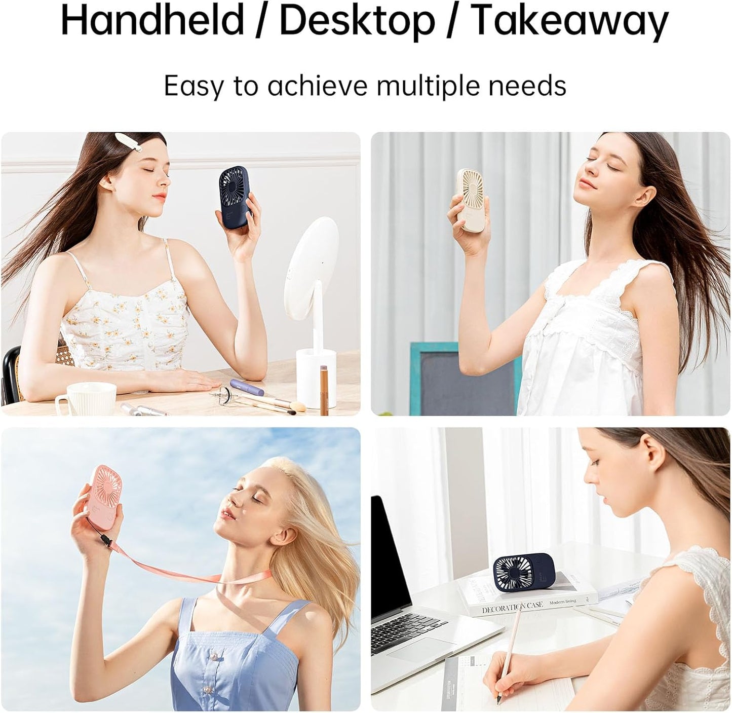 JISULIFE Handheld Mini Lash Fan with Bracket, Small Portable USB Rechargeable Personal Makeup Stylish Fan with 3 Speeds for Women Mom Girls Office Outdoor Travel Beige