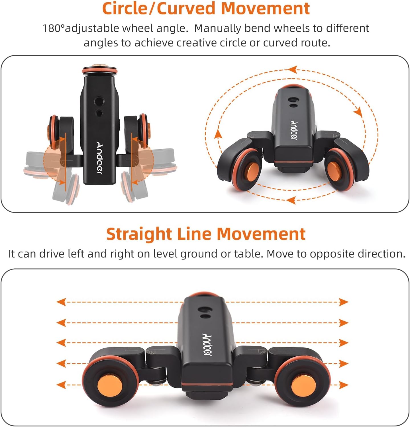 Andoer Video Camera Dolly with Ballhead & Phone Holder, 3-Speed Motorized Auto Track Dolly Car with Remote Control - Compatible with iPhone, DSLR, Camcorder, Gopro, Insta, Android Smartphone