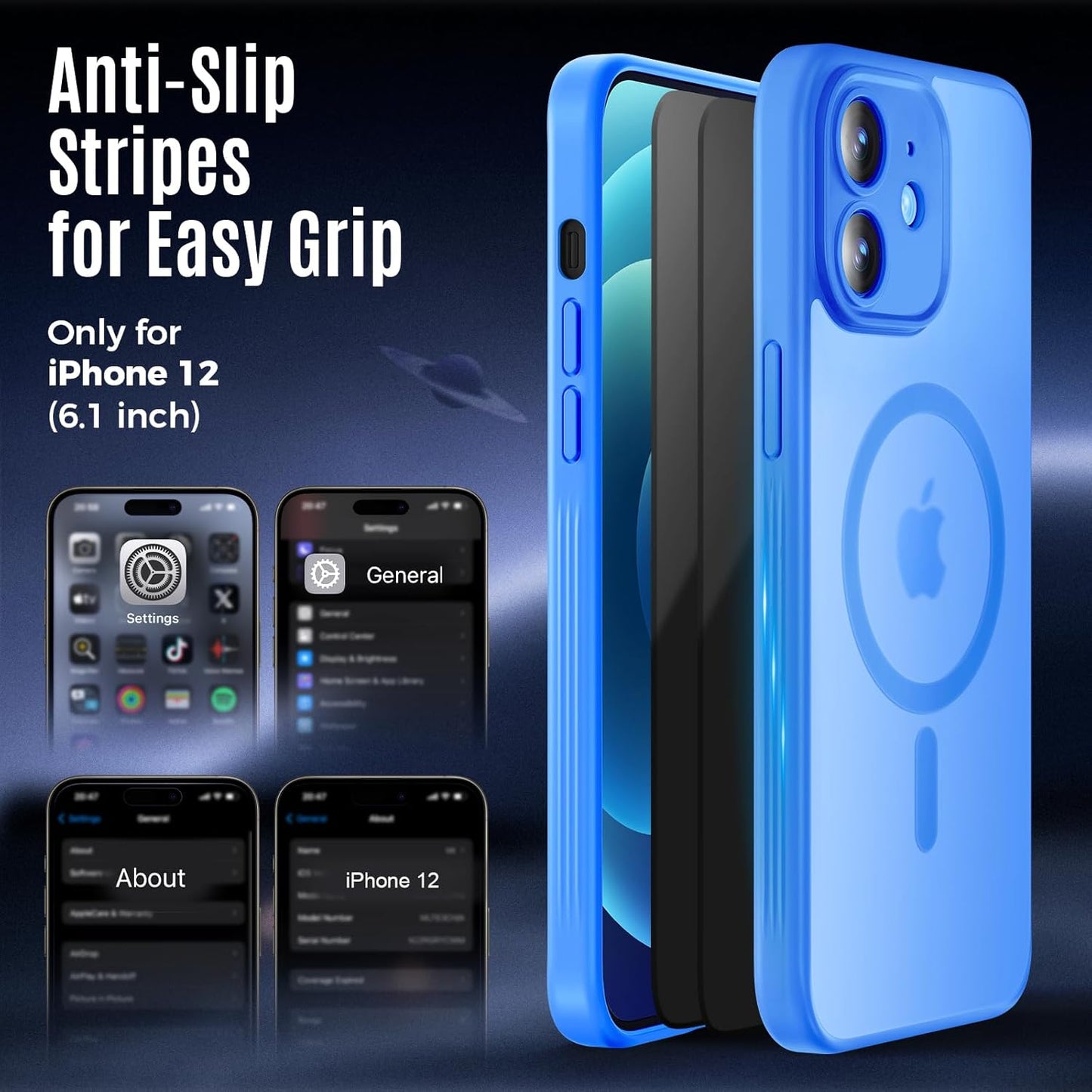 Designed for iPhone 12 Case, Compatible with MagSafe, with Privacy Screen Protectors X2, [Camera Protection] [15FT Military Drop Protection] Shockproof Phone Case, 6.1", Blue