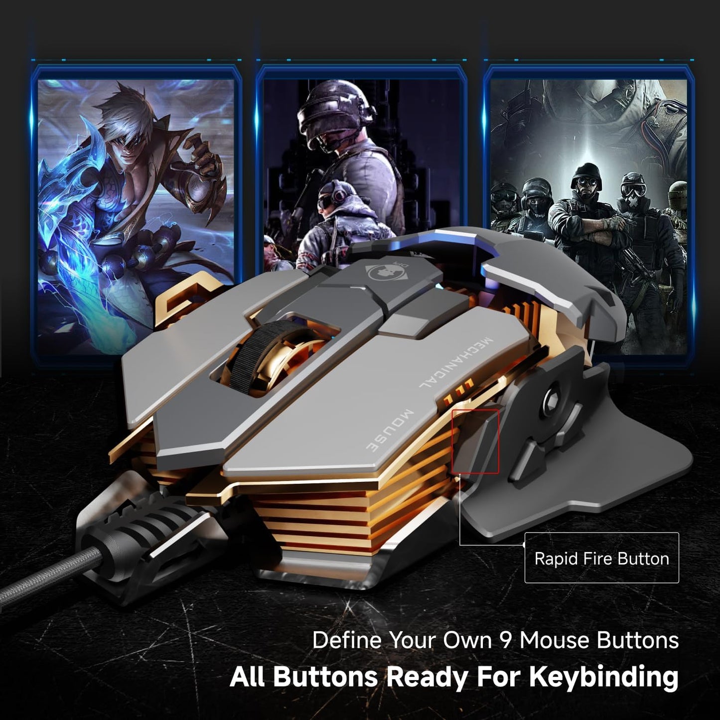 EWEADN G5 Wired Gaming Mouse, Ergonomic RGB Computer Mouse, 12800 Adjustable DPI, 9 Programmable Macro Buttons with Rapid Fire Key Compatible for PC/Laptop/Windows-Grey