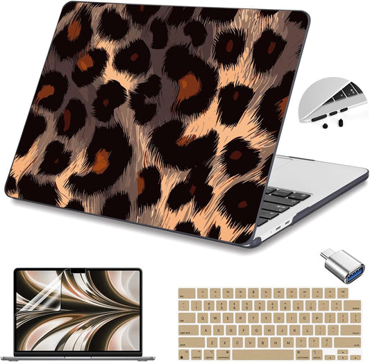 Teryeefi Compatible for 2022-2024 MacBook Air 13.6 inch Case M3 A3113/ M2 A2681, Flowers Hard Shell Case&Keyboard Cover&Type C Adapter for MacBook Air M3 M2 with Touch ID, Leopard Skin Pattern
