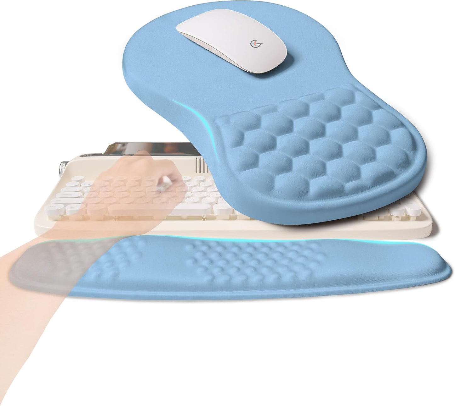 2-in-1 Ergonomic Set, Wave Rise Keyboard Wrist Rest and Massage Bulge Slope Mouse Pad Wrist Support, Cushion Memory Foam Integrated to Relieve Wrist Pain, Lake Blue