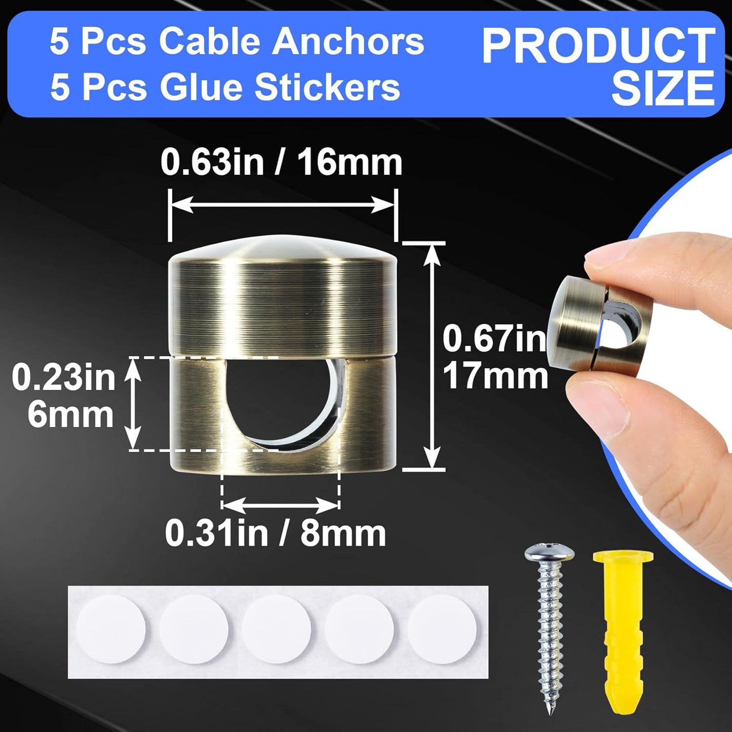 5 Sets Charger Holders for Cords, Antique Copper Color Adjustable Cable Anchor Holders, Adhesive Metal Cord Clips, Cable Management Wire Organizers for Desk, Office, Nightstand