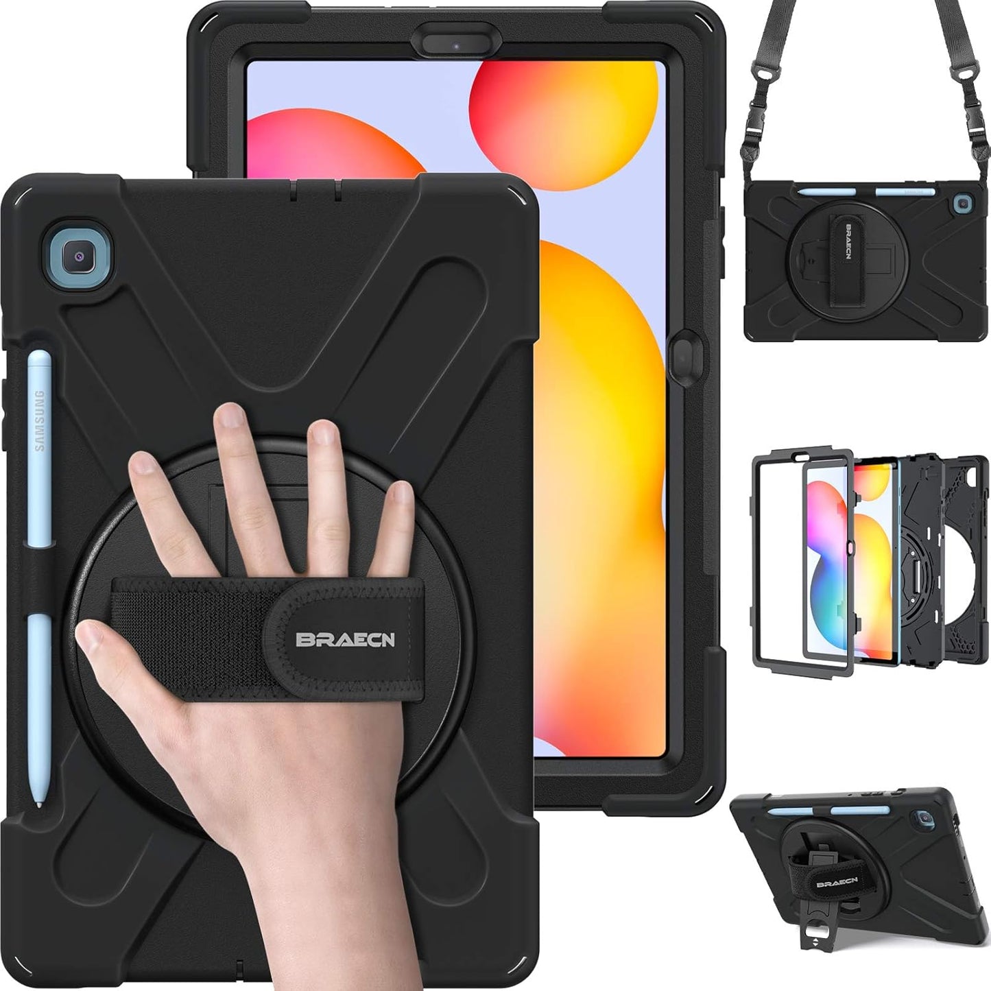 BRAECN for Samsung Galaxy Tab S6 lite Case 10.4 inch 2024/2022,Rugged Shockproof Case with 360 Rotating Hand Strap&Kickstand, Shoulder Strap, S Pen Holder for Samsung Galaxy Tab S6 Lite Tablet -Black