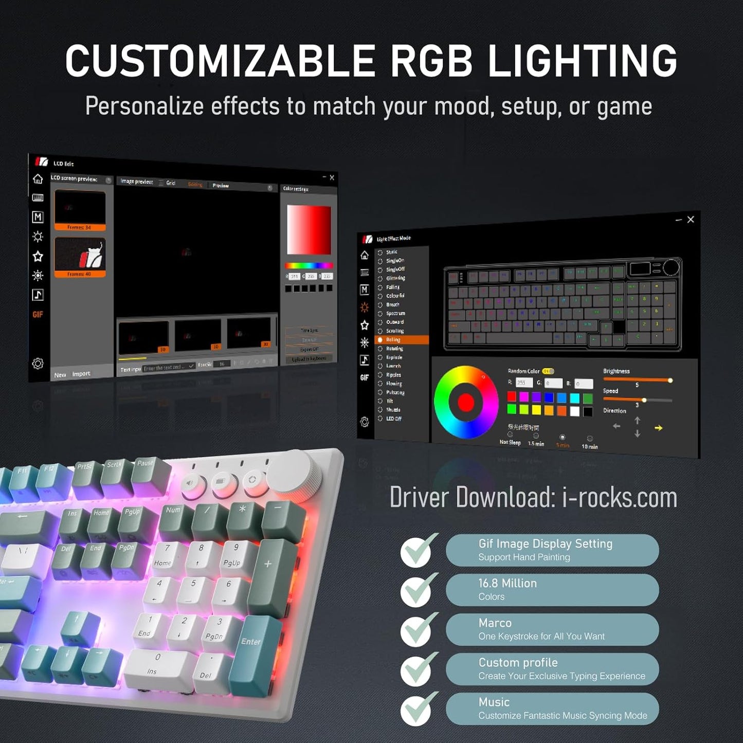 iRocks K74R Wireless RGB Illuminated Mechanical Gaming Keyboard, Hot-Swappable Switches, Easy-Clean Floating Design, PBT 107 Keys NKRO, Detachable USB-C Cable - Island Blue (Brown Switches)