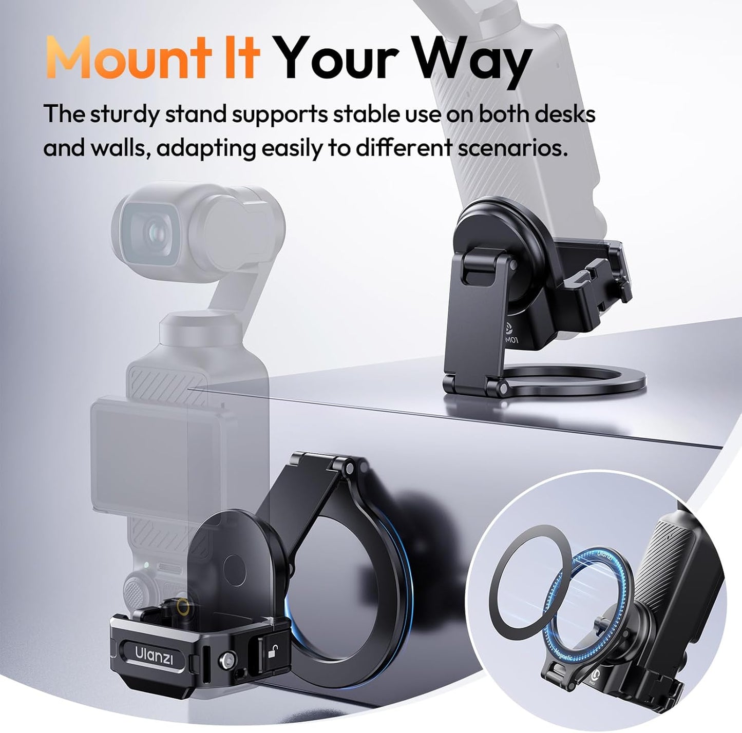 ULANZI PM01 Magnetic Mount Stand Compatible with DJI OSMO Pocket 3, Aluminium Expansion Camera Holder with Cold Shoe and 1/4'' Mount, 181/270/360° Adjustment Magnetic Adapter Pocket 3 Accessories