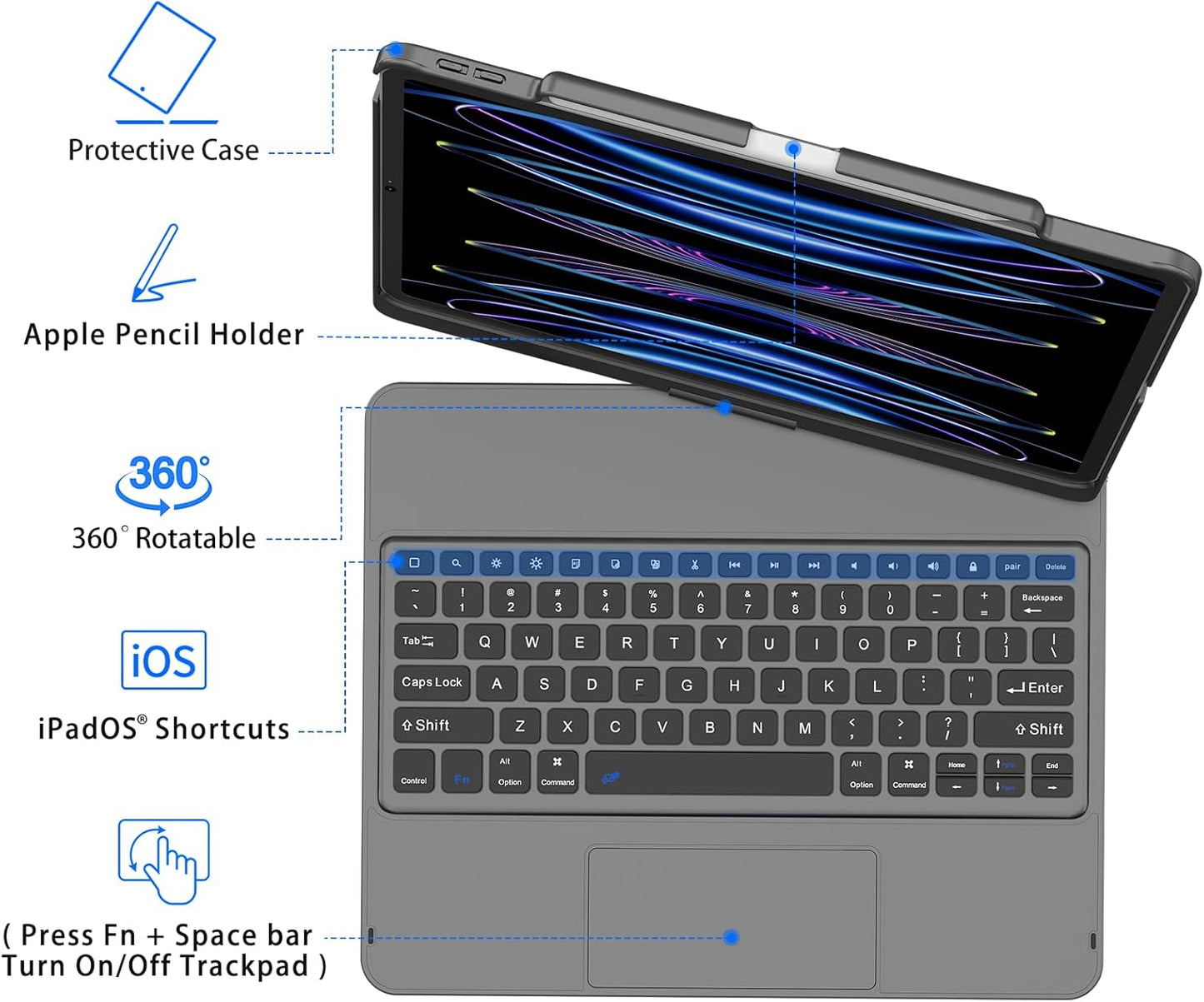 GGH Touch for iPad Keyboard Case Air 13 (M3 2025 / M2 2024) &12.9 iPad Pro (6th,5th,4th, 3rd Gen),360° Rotatable Protective Cover Multi-Touch Trackpad Keyboard Case with Pencil Holder - Grey