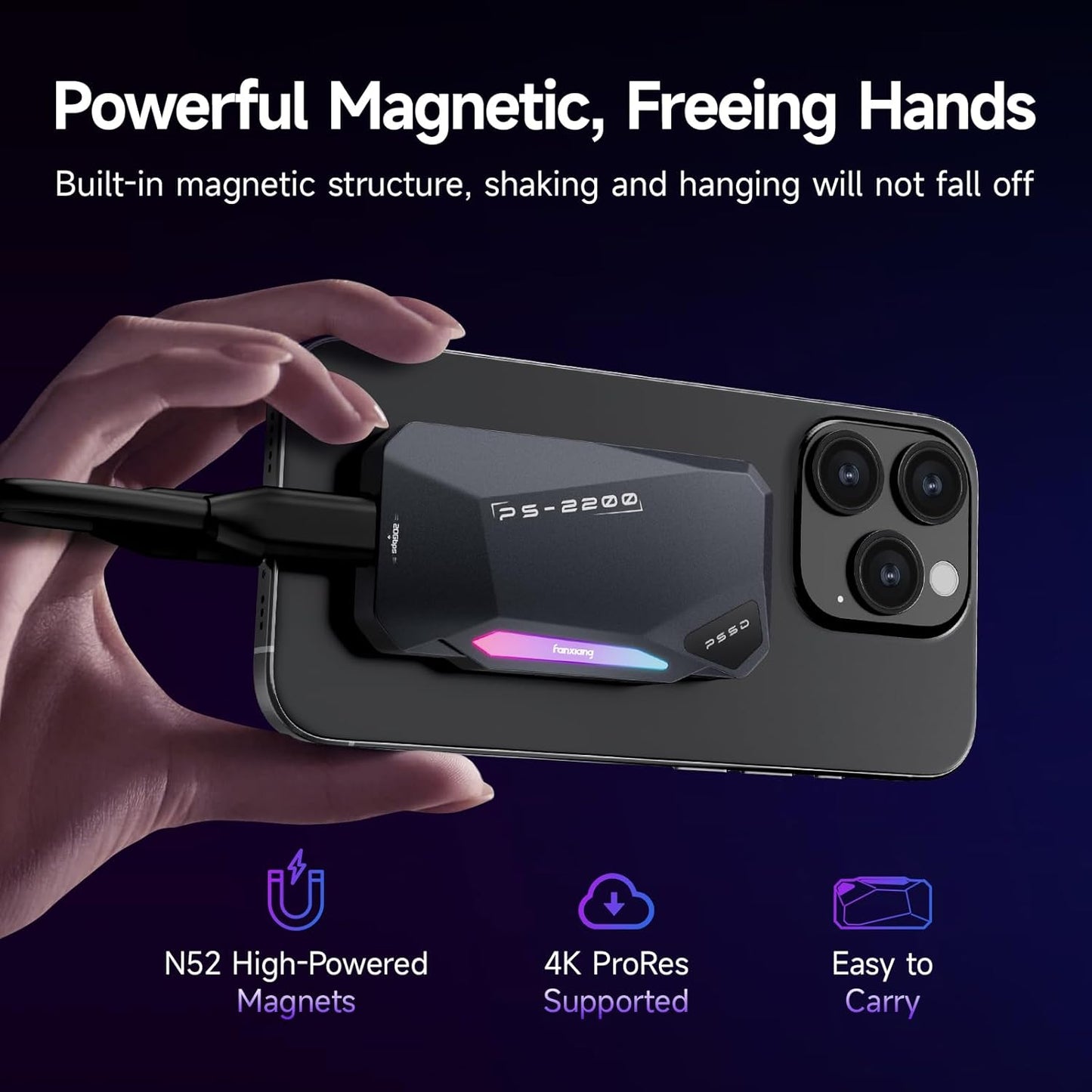 500GB Magnetic Portable SSD,2050MB/s Type-C USB 3.2 Gen 2x2 External SSD,4K ProRes Record and Store,Aluminum alloy,RGB Touch Lighting,External Solid State Drive for iPhone15/16/Android/PC/Mac -PS2200