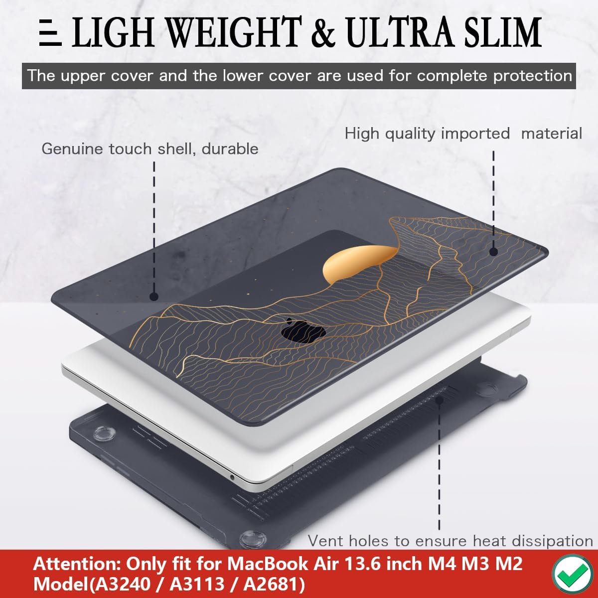 CISSOOK Compatible with MacBook Air 13.6 Inch M4 M3 M2 Case 2022 2023 2024 2025, Crystal Black Plastic Hard Shell Case Cover for MacBook Air 13.6" A3240 A3113 A2681, Sun & Mountain