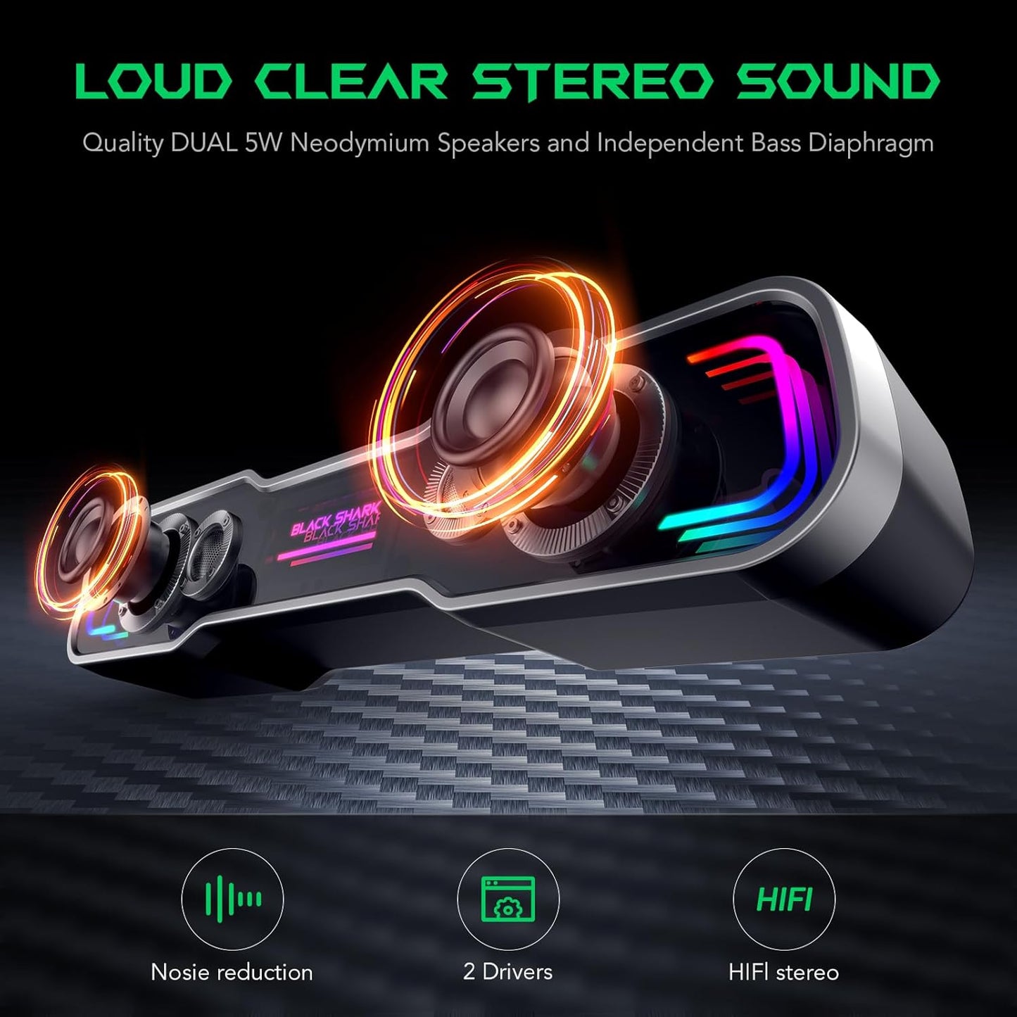 Black Shark BS-SP1 Bluetooth Computer Speakers for Desktop, 5 Colorful Lights Gaming PC Speaker with Stereo Sound, USB C/USB Powered Sound-bar for Computer Desktop PC Monitor Laptop