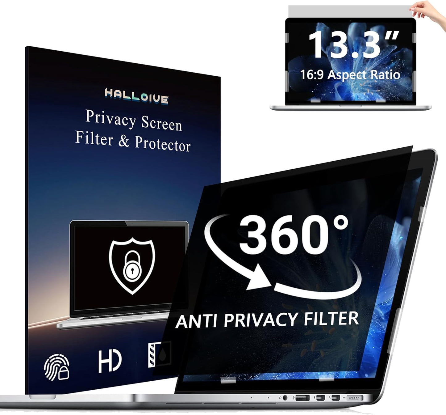 4-Way Laptop Privacy Screen Shield 13.3 Inch, Removable 16:9 Aspect 360° Privacy Filter Screen Protector for 13.3 Inch Laptop Computer, Anti Glare Blue Light Slide Mount Tabs Cover for Generic Laptop