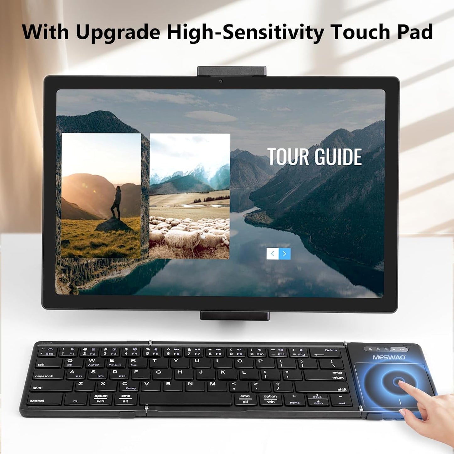Foldable Bluetooth Keyboard with Touchpad, Wireless Folding Keyboards with PU Leather (Sync up to 3 Devices), Full-Size Portable Keyboard for Android/Windows/iOS