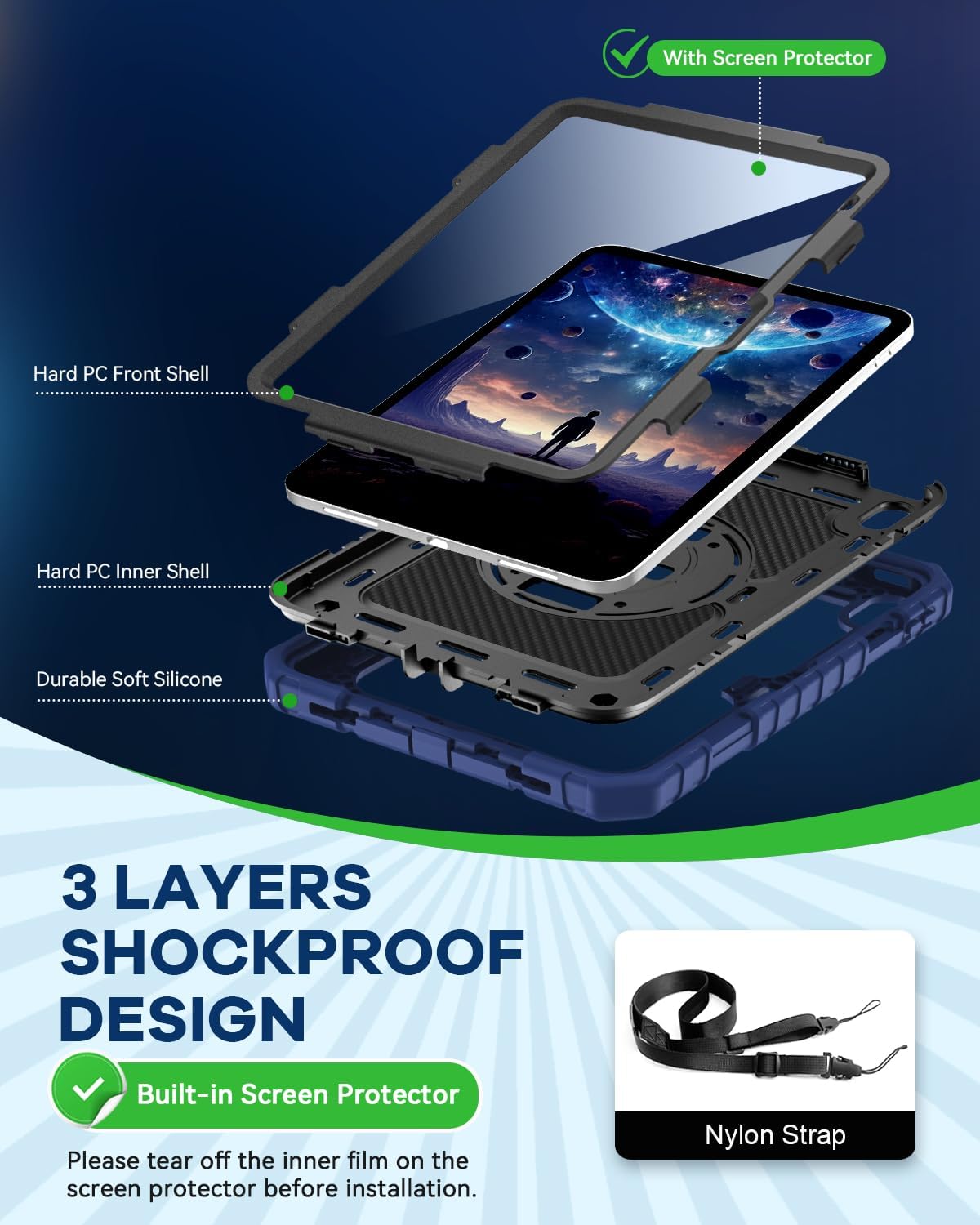 Cantis Case for iPad 11-inch (A16) 2025/ iPad 10th Generation 2022 (10.9 inch) with Screen Protector, iPad 11th Case with 360 Degree Rotating Stand/Shoulder Strap/Pencil Holder, Navy Blue