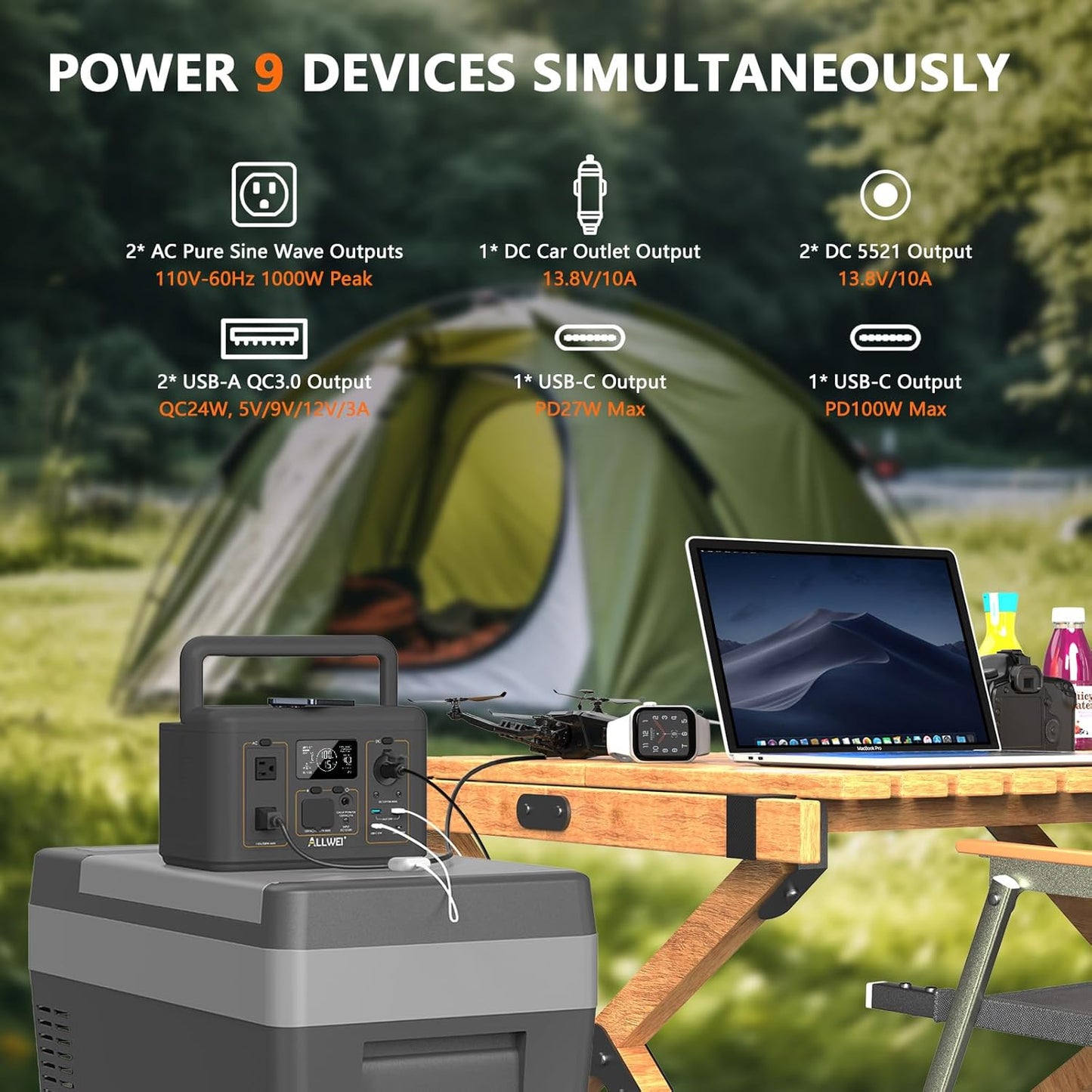 ALLWEI Portable Power Station 500W, 512Wh LiFePO4 Battery, UPS Function, 2.5Hrs Fast Charge, 2 AC Outlets(Surge 1000W), Solar Generator for Outdoor Camping RV CPAP Home Emergency