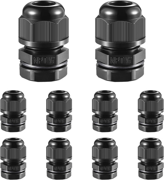 10 PCS 3/8"(5-10mm) NPT Nylon Cable Gland Joints with Gaskets, IP68 Adjustable Lock Nut Strain Relief Cord Grip Waterproof Cable Glands - UL Listed and RoHS Compliant