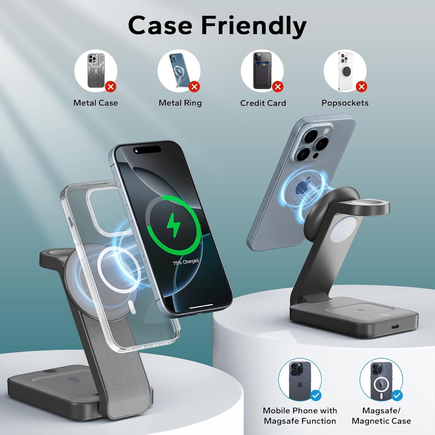 3 in 1 Foldable Wireless Charging Station for MagSafe, Nightstand Magnetic Charger Stand for iPhone 16 15 14 13 Pro Max, Travel Charging Dock with Night Light for Apple Watch/AirPods (Gray)