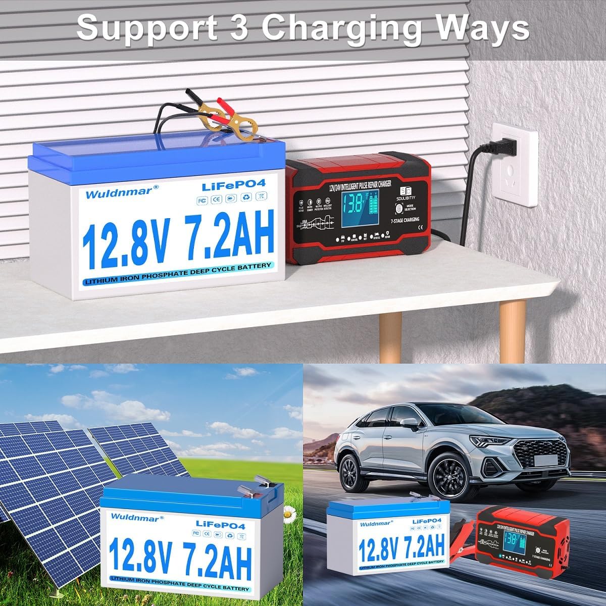 12V 7.2Ah LiFePO4 Battery, Lithium Battery with BMS, 3000+ Cycles, 92.16WH Deep Cycle Battery for Marine Battery, Car, RV, Golf Cart, Solar, Trolling Motor, Replace AGM/SLA