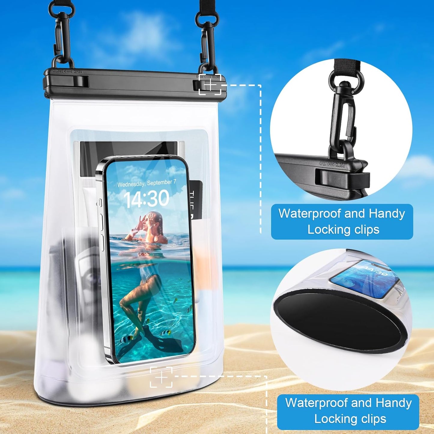 2L Waterproof Phone Pouch for iPhone 16 15 14 11 Pro Max & Galaxy S24 S21 - Floating Large Capacity Dry Bag Stores Sunscreen, Sunglasses - Oversized Waterproof Bag for Beach, Swimming, Kayaking