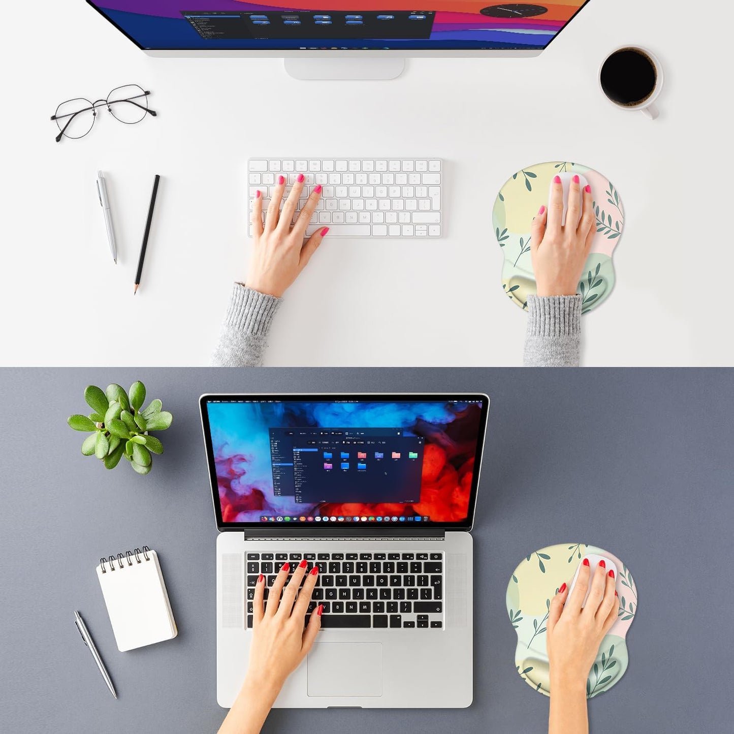 ITNRSIIET Ergonomic Mouse Pad with Comfort Gel Wrist Rest, Non-Slip PU Base, Smooth Textured Surface, Reduces Hand Fatigue & Wrist Pain, 8.7 x 7.2 Inch for Office Gaming Home, PastelFoliage