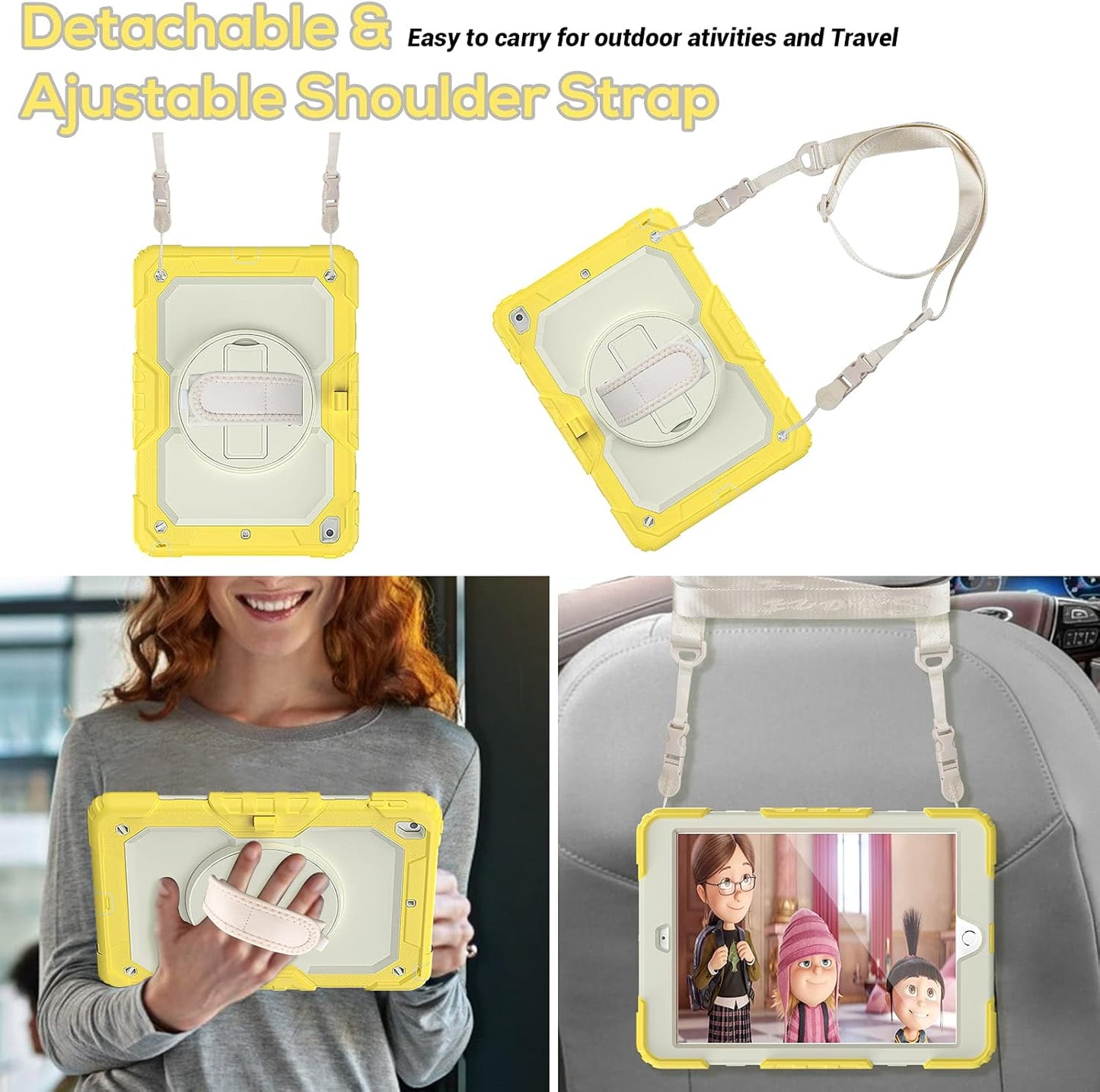 BLOSOMEET Kids Case for iPad 10.2 9th/8th Generation 2021 2020 with Tempered Glass Screen Protector Pen Holder,Cute Girls Boys iPad 7th Gen Cover Rugged w/Stand Hand Shoulder Strap Yellow