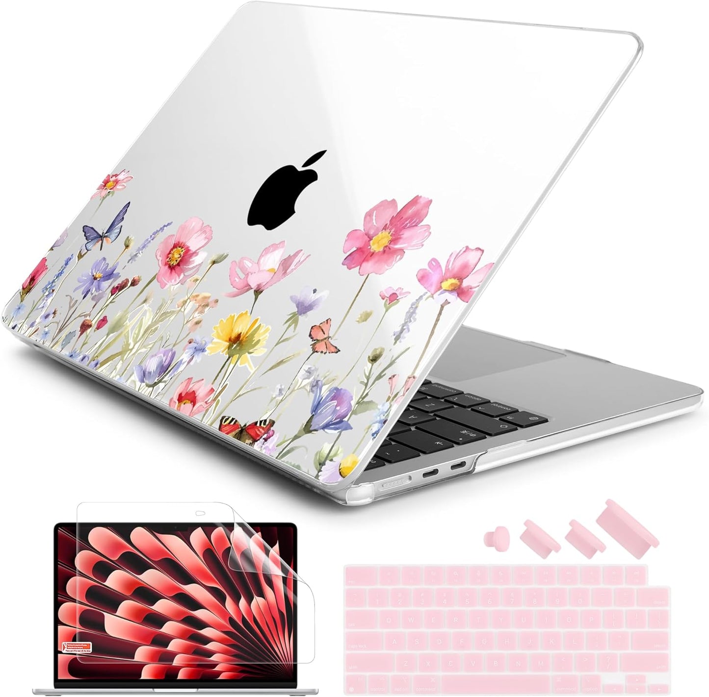 Batianda Premium Case for New MacBook Air 15 inch 2025 2024 2023 with M4 M3 M2 Chip, Floral Designed Protective Plastic Hardshell & Keyboard Cover & Screen Protector, Spring Flowers