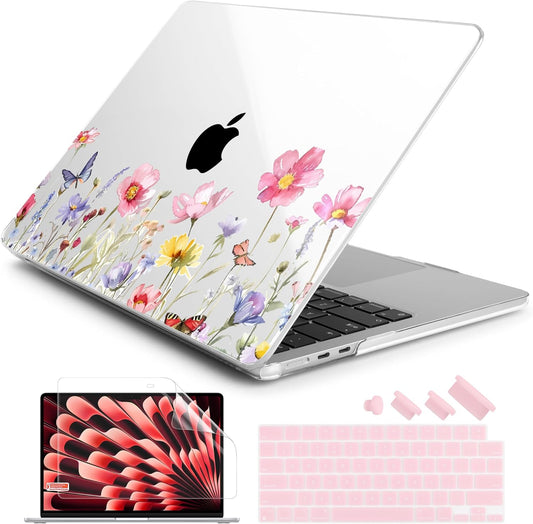 Batianda Premium Case for New MacBook Air 15 inch 2025 2024 2023 with M4 M3 M2 Chip, Floral Designed Protective Plastic Hardshell & Keyboard Cover & Screen Protector, Spring Flowers