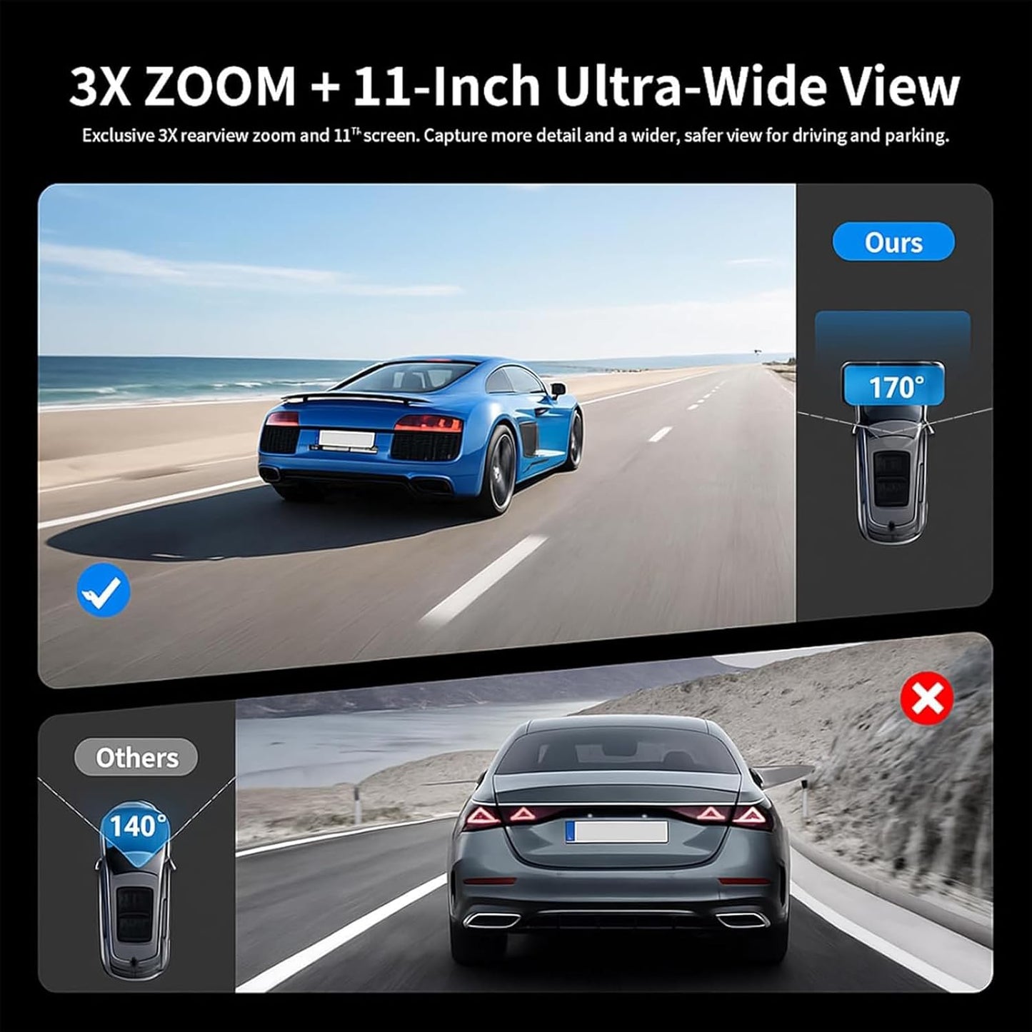JOMISE G814 11" 4K+2.5K Rear View Mirror Camera — No WiFi/Bluetooth, Mirror Dash Cam Front and Rear, Pure Evidence Recorder, Dash Cam for Cars, 3X Zoom, 64GB Card Included