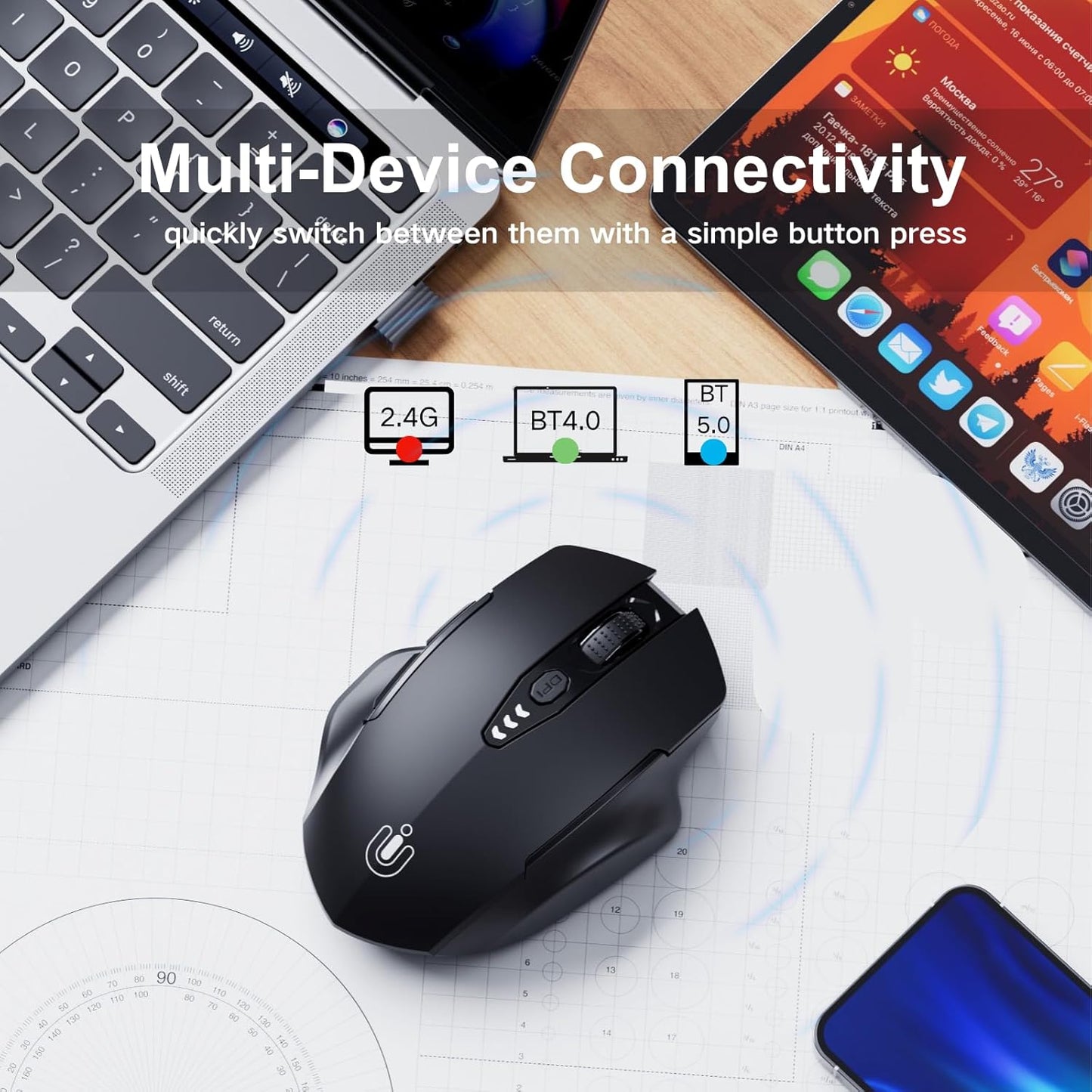 Bluetooth Mouse,[Upgraded] Rechargeable Wireless Mouse (BT 5.0/4.0+2.4G Hz),Computer Mouse with Visible Battery Level, 4 Adjustable DPI, Portable PC Mouse for MacBook Chromebook,Black