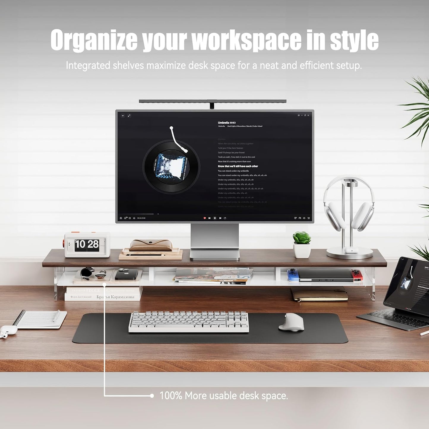 Dual‑Tier Monitor Stand for Modern Desk Setup – Minimalist Wooden and Metal Riser Shelf with Transparent Acrylic Feet for Dual Monitors, Laptops, Home Office Aesthetic，Brown and White