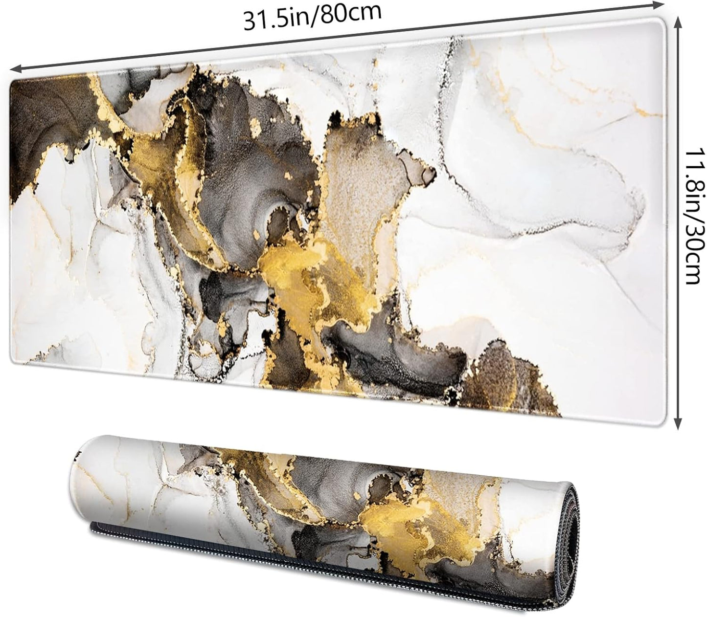 Galdas Large Mouse Pad XXL XL Large Mouse Pad Long Extended Mousepad Desk Pad Non-Slip Rubber Mice Pads Stitched Edges Thin Pad (31.5x11.8x0.12 Inch)-Ink White Gold Marble