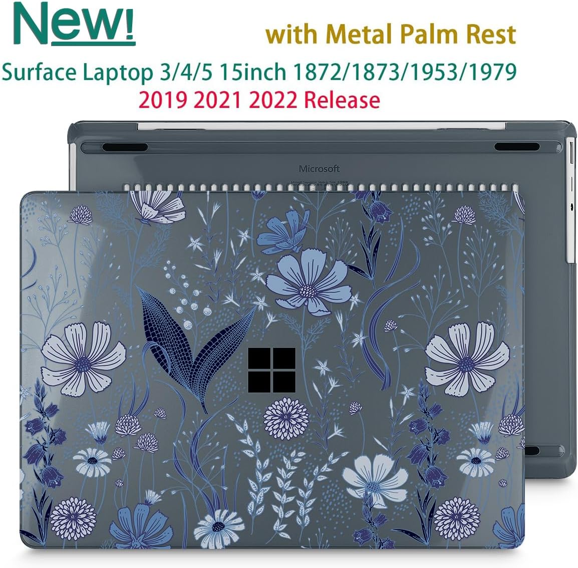 Tuiklol Case for 15 Inch Microsoft Surface Laptop 5/4/3 2022-2020, Model 1979/1953/1872/1873 Hard Shell Cover, Keyboard Cover+Screen Protector+Dust Plugs,Blue Line Floral