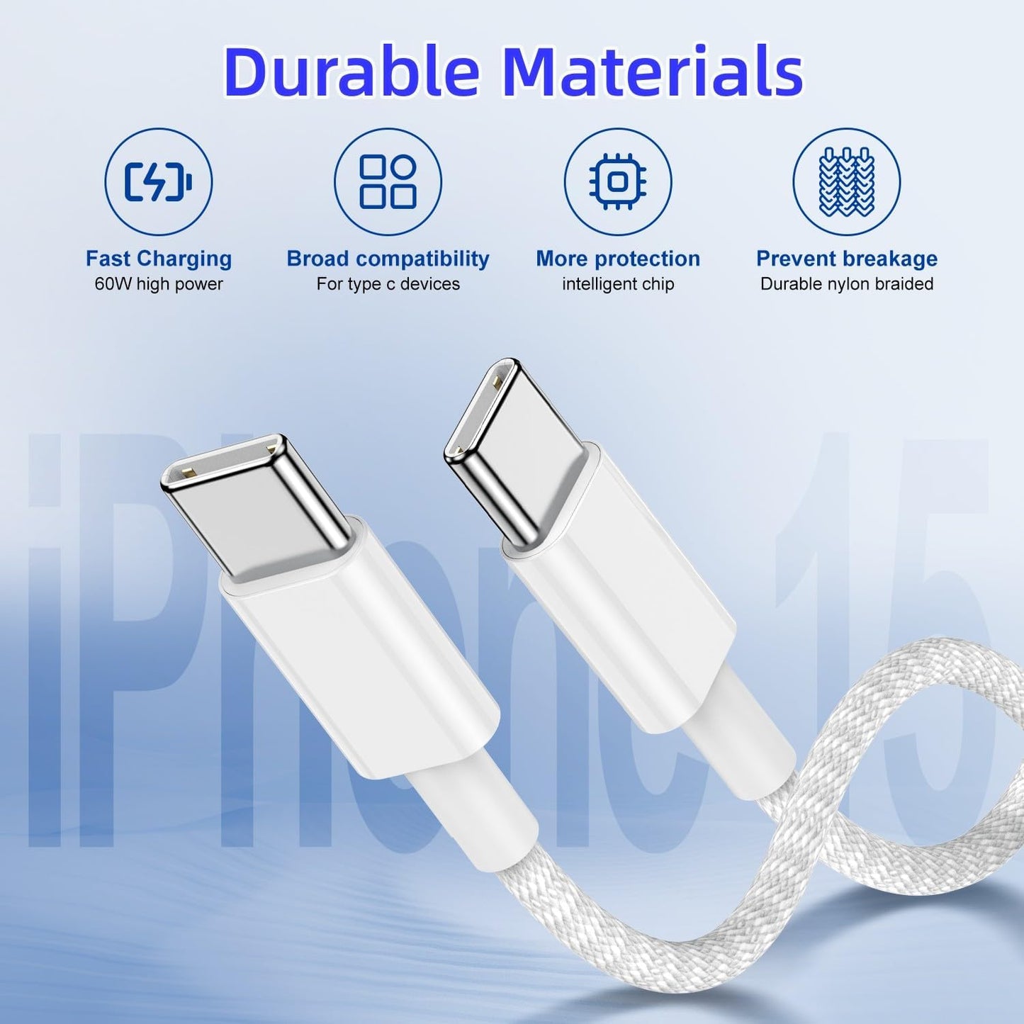 3-Pack Grey 6.6FT 60W USB C to USB C Cable, Type C to Type C Cable,Fast Charging Cable for iPhone 16 15 Pro Plus Pro Max，for Galaxy S24 S23, for iPad Pro/Air, for MacBook Pro/Air and More