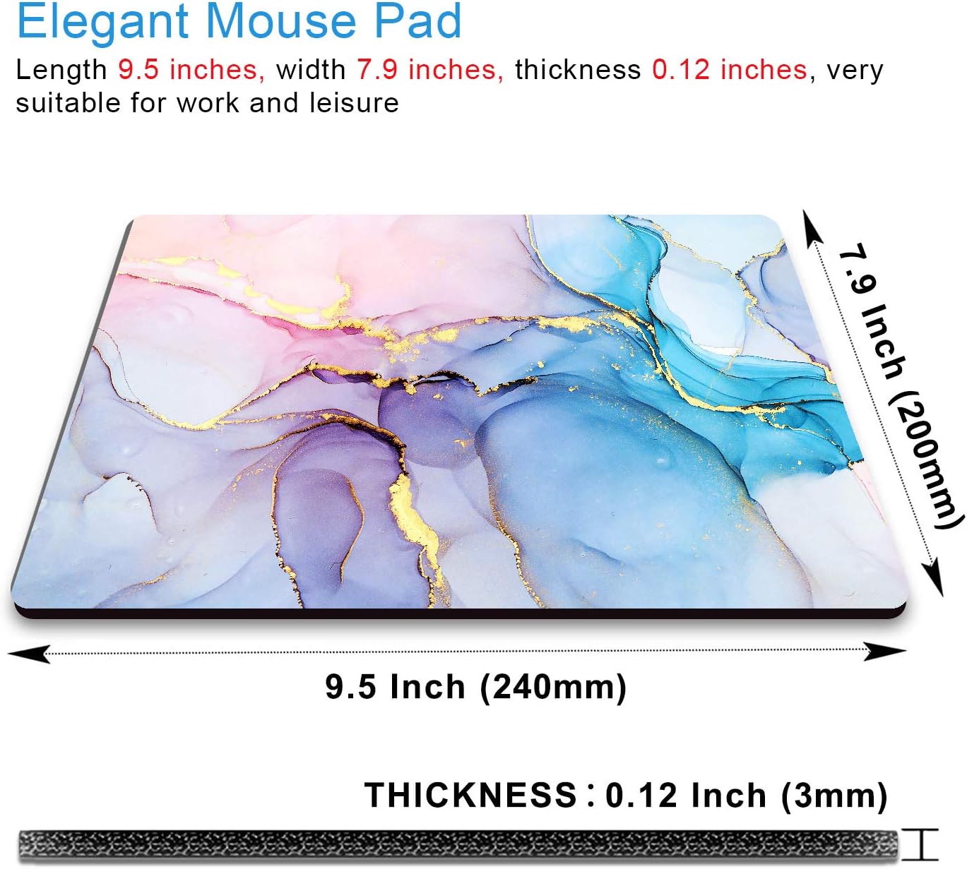 IMAYONDIA Blue Pink Ink Marble Mouse Mat, Custom Design Non-Slip Rubber Base Waterproof Office Mouse Pad, Golden Marbling for Women, 9.5 x 7.9 Inch