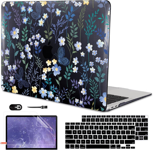 for M1 MacBook Air 13 Inch Case 2021 2020 2019 2018 Release M1 A2337 A2179 A1932 Cover with Retina Display & Touch ID, Printed Pattern Plastic Hard Shell Case, Meadow Wildflower Black