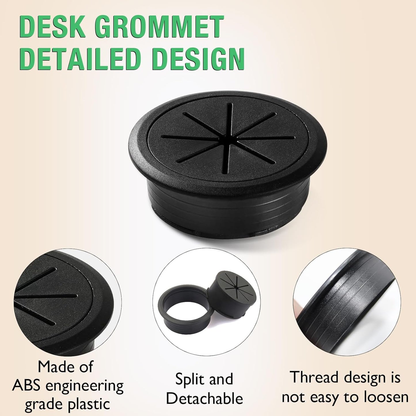 2 Pcs Desk Grommet 2-3/8" / 60 mm, Desk Hole Cover for Cables Black and White, Cable Grommet ABS Plastic, Desk Hole Grommet for Home & Office Pc, Detachable Cable Cord Organizer