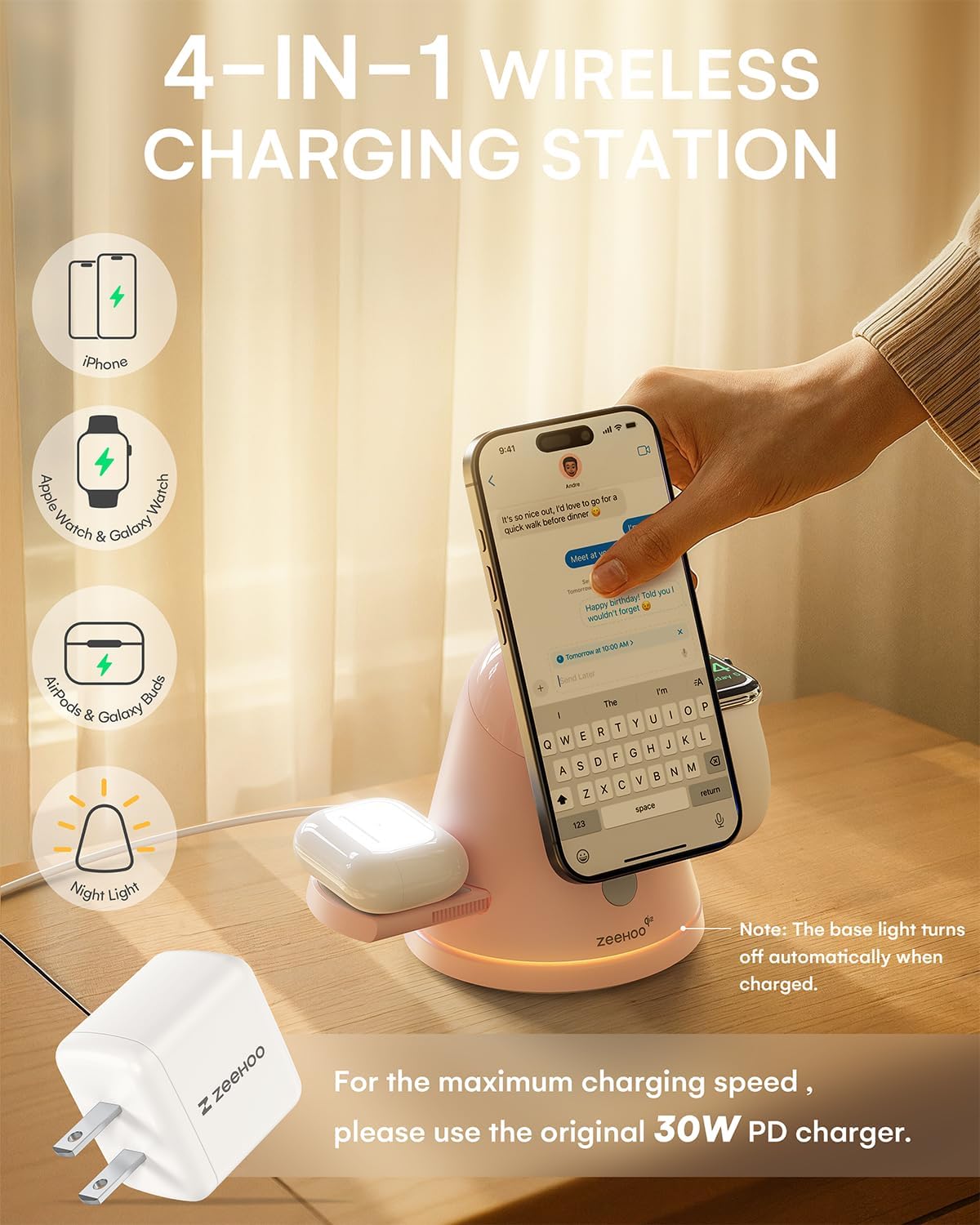 ZEEHOO 4 in 1 Wireless Charging Station for Apple,Mag-Safe Charger &Dimmable Light,Qi2 15W Rotating Fast Wireless Charger for iPhone 16,15,14,13,12&Pixel10&AirPods& iWatch&Samsung Watch(30W Adapter)