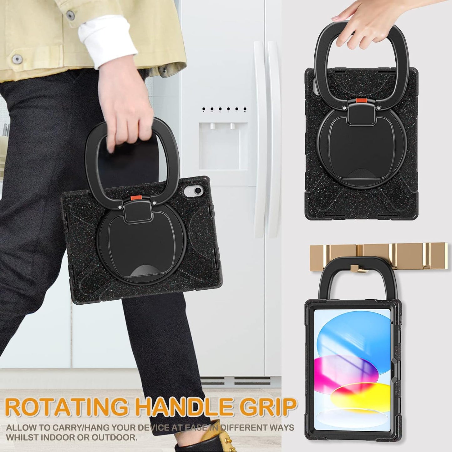 BRAECN Case for iPad (A16) 11th/10th Generation 11”/10.9'' 2025/2022-Heavy Duty Rugged Silicone Case w/Swivel Ring Stand/Kickstand/Shoulder Strap/Pencil Holder/Screen Protector-Carnival Night (Black)