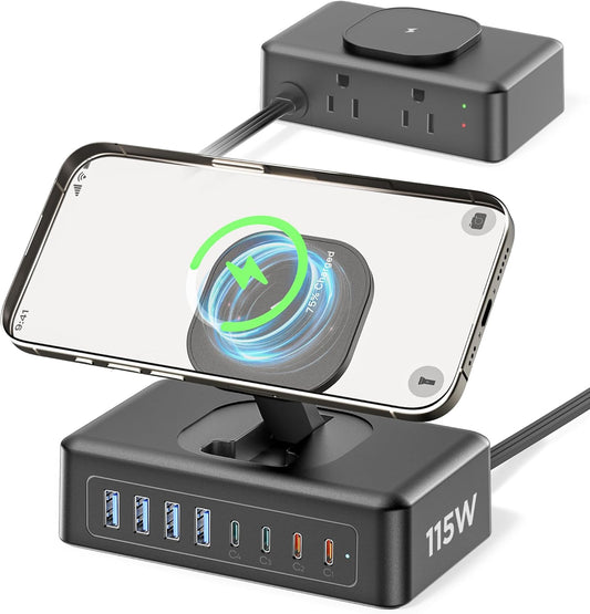 115W USB Charging Station Power Strip, 11-in-1 USB C Charger Block, 2AC Outlets with 8USB Ports(4USB-C), 5FT Flat Plug Extension Cord, Fast Charging Desktop Charger for Home Office Dorm Room, Black