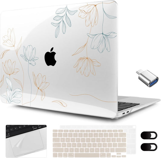MEEgoodo for MacBook Air 13.3 inch Case 2021 2020 2019 2018 A2337 M1 A2179 A1932, Clear Case for MacBook Air M1, Hard Shell with Keyboard Webcam Cover & Trackpad Film & Type C Adapter,Engraving Floral