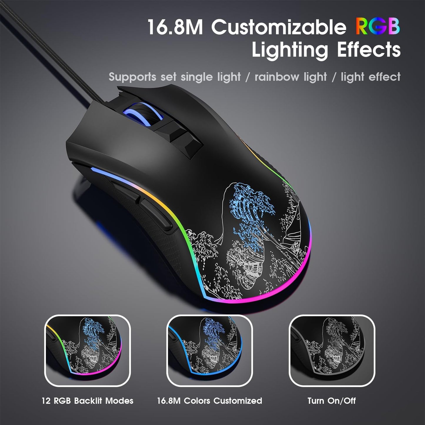 HITIME XVX Wired Gaming Mouse, 12000 DPI RGB Mouse with 12 Backlit Modes & 7 Macro Buttons, Gaming Mice Support DIY Keybinding, Gamer Computer Mice for Laptop PC Mac Windows, Wave